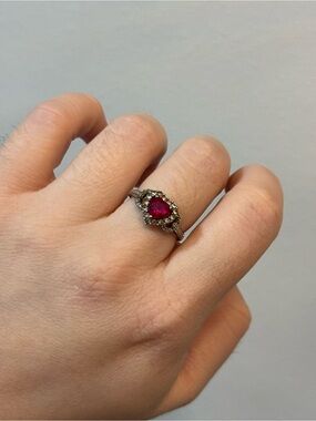 Source Unknown Heart-Shaped Ruby Halo Ring in Deep Red